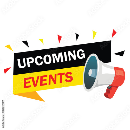 Megaphone Text Message "Upcoming Events". Male hand holding Megaphone with Upcoming events speech bubble. Banner for business, Marketing and advertising. 
