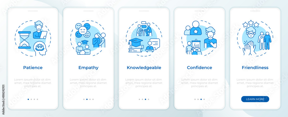 Qualities of great mentor blue onboarding mobile app screen. Walkthrough 5 steps editable graphic instructions with linear concepts. UI, UX, GUI template. Montserrat SemiBold, Regular fonts used Qualities of great mentor blue onboarding mobile app screen. Walkthrough 5 steps editable graphic instructions with linear concepts. UI, UX, GUI template. Montserrat SemiBold, Regular fonts used