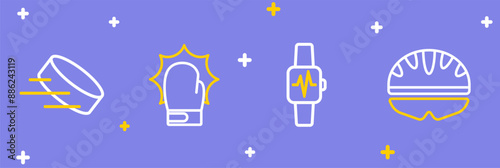 Set line Bicycle helmet, Smart watch with heart, Punch in boxing gloves and Hockey puck icon. Vector