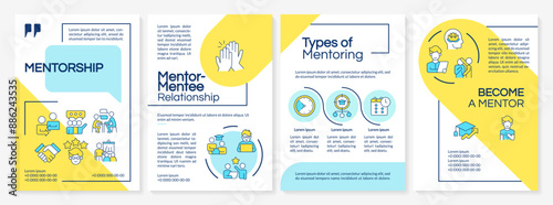 Mentorship yellow and blue brochure template. Mentor and mentee. Leaflet design with linear icons. Editable 4 vector layouts for presentation, annual reports. Questrial, Lato-Regular fonts used