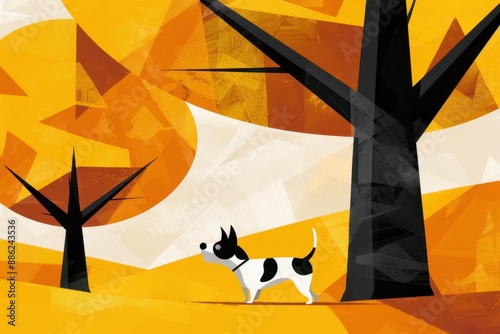 Small dog barking at large incorrect tree, minimalist style. Abstract geometric forms emphasize 