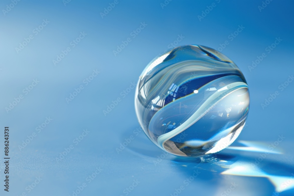 Crystal-clear glass marble on a plain cobalt blue background. Mesmerizing light patterns and vibrant contrast. Simplicity and elegance in a minimalist composition. Crystal-clear glass marble on a plain cobalt blue background. Mesmerizing light patterns and vibrant contrast. Simplicity and elegance in a minimalist composition.