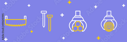 Set line Grapple crane grabbed a log, Metallic nails and Two-handed saw icon. Vector