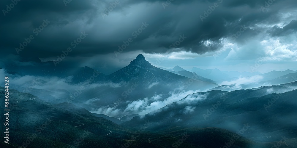 Dramatic Mountainscape Engulfed in Stormy Clouds Overhead Moody and Atmospheric Wilderness Landscape Dramatic Mountainscape Engulfed in Stormy Clouds Overhead Moody and Atmospheric Wilderness Landscape