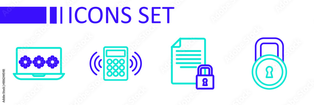 Set line Lock, Document and lock, Security keypad access panel and Laptop with password icon. Vector Set line Lock, Document and lock, Security keypad access panel and Laptop with password icon. Vector