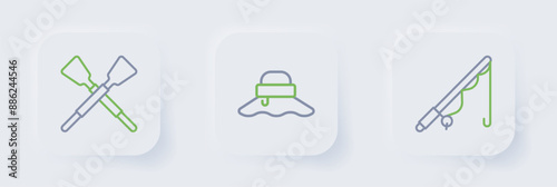 Set line Fishing rod, Fisherman hat and Crossed oars or paddles boat icon. Vector