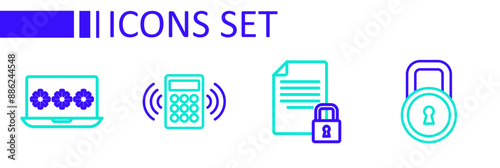 Set line Lock, Document and lock, Security keypad access panel and Laptop with password icon. Vector