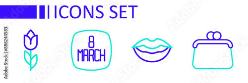 Set line Handbag, Smiling lips, 8 March and Flower tulip icon. Vector