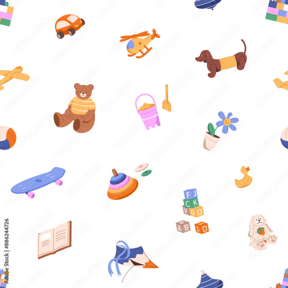 Repeatable pattern of cute baby toys. Endless background with plush teddy, childish cars, planes, helicopters, kids books. Wallpaper for kindergarten, nursery. Flat seamless vector illustration Repeatable pattern of cute baby toys. Endless background with plush teddy, childish cars, planes, helicopters, kids books. Wallpaper for kindergarten, nursery. Flat seamless vector illustration
