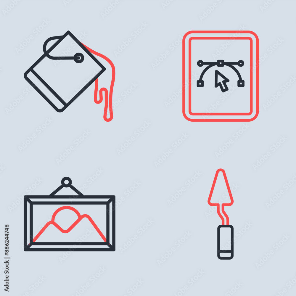 Set line Computer with design program, Picture landscape, Palette knife and Paint bucket icon. Vector Set line Computer with design program, Picture landscape, Palette knife and Paint bucket icon. Vector