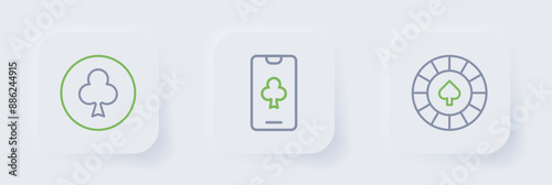 Set line Casino chips, Online poker table game and Playing card with clubs symbol icon. Vector