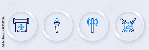 Set line Shield with swords, Medieval poleaxe, Torch flame and Crusade icon. Vector