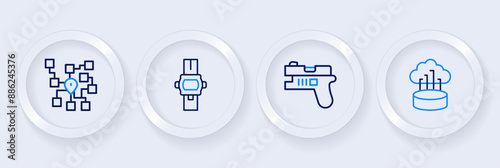 Set line Network cloud connection, Futuristic weapon, Wrist watch and Neural network icon. Vector