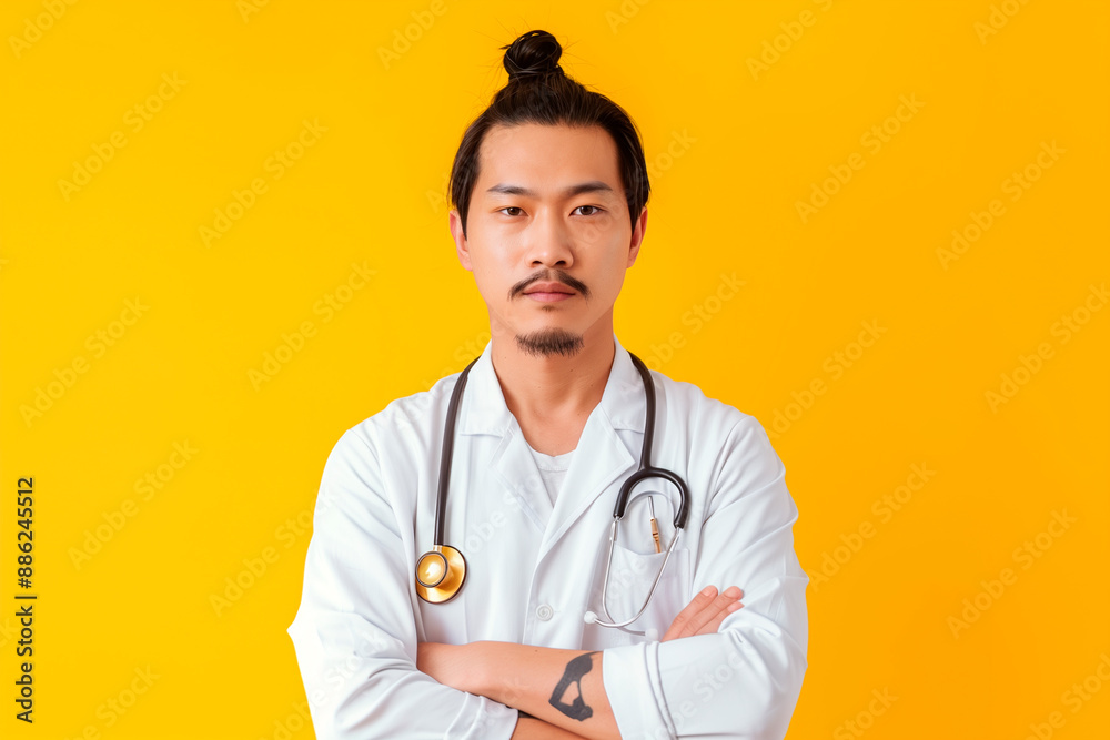 front face portrait, 24 year old man, mustache, kind, dignified, temperament , with bun hair, an asian doctor front face portrait, 24 year old man, mustache, kind, dignified, temperament , with bun hair, an asian doctor