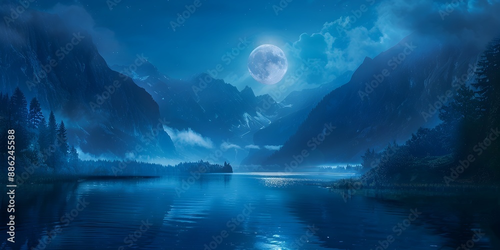 Fototapeta premium Moonlit Mountain Lake Landscape with Serene Reflection in Tranquil Night Environment