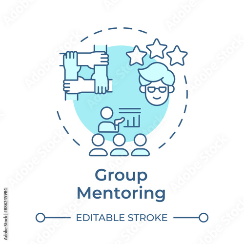 Group mentoring soft blue concept icon. Group meetings. Professional growth. Team building. Cooperation. Round shape line illustration. Abstract idea. Graphic design. Easy to use in blog post