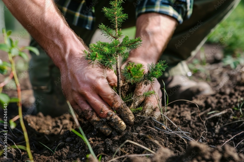 Gardener with dirty hands planting a small spruce sapling in the fertile soil Gardener with dirty hands planting a small spruce sapling in the fertile soil