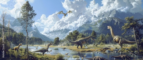 Prehistoric Landscape with Dinosaurs and Flying Reptiles