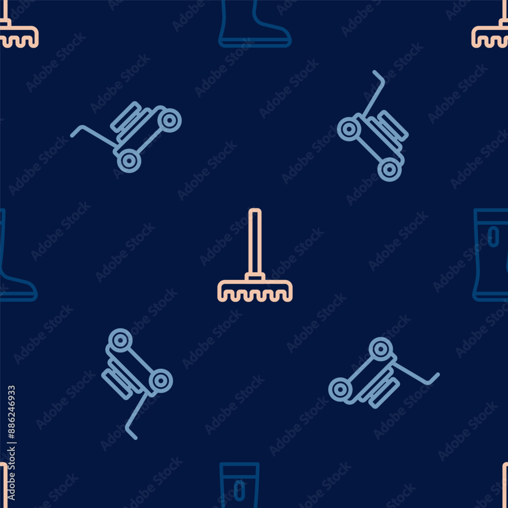 Set line Waterproof rubber boot, Lawn mower and Garden rake on seamless pattern. Vector Set line Waterproof rubber boot, Lawn mower and Garden rake on seamless pattern. Vector
