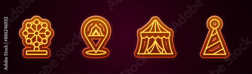 Set line Ferris wheel, Circus tent, and Party hat. Glowing neon icon. Vector