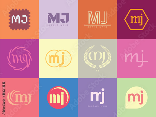 MJ logo company template. Letter m and j logotype. Set different classic serif lettering and modern bold text with design elements. Initial font typography.