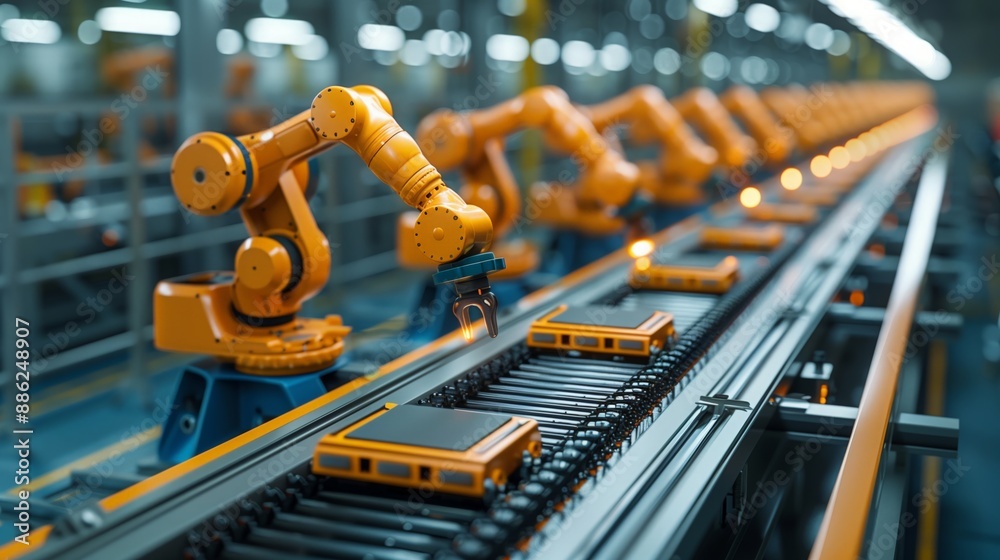 Industrial Robots Working on Assembly Line in Modern Factory Industrial Robots Working on Assembly Line in Modern Factory