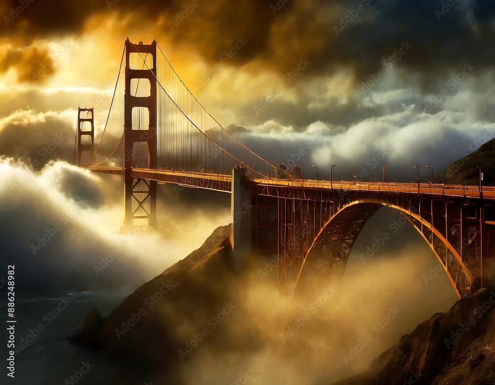 Fototapeta premium A golden bridge over a foggy night in san francisco