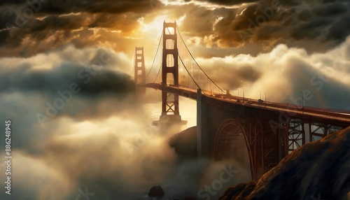 A golden bridge over a foggy night in san francisco
