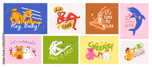 Funny animals drinking alcohol, holiday cards set with cool phrases, quotes. Cute party postcards, funky characters with wine bottles, wineglasses, cocktail and champagne. Flat vector illustrations