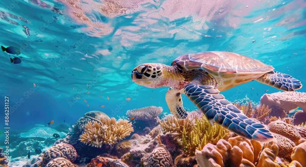 Fototapeta premium Sea Turtle Swimming Through a Vibrant Coral Reef