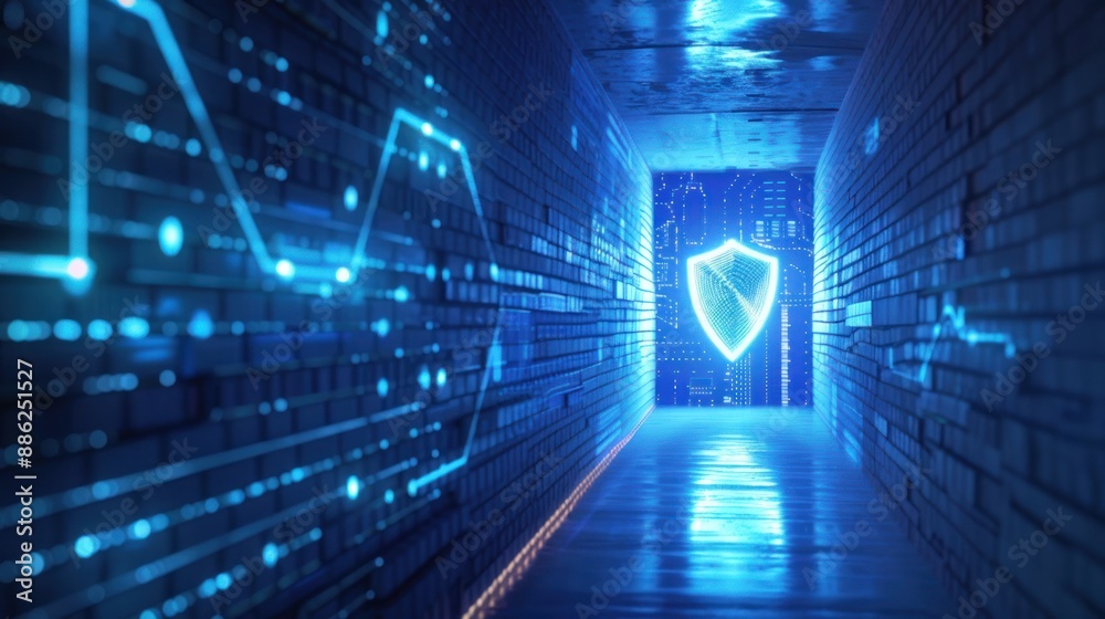 Digital Security Shield In A Futuristic Tunnel Digital Security Shield In A Futuristic Tunnel