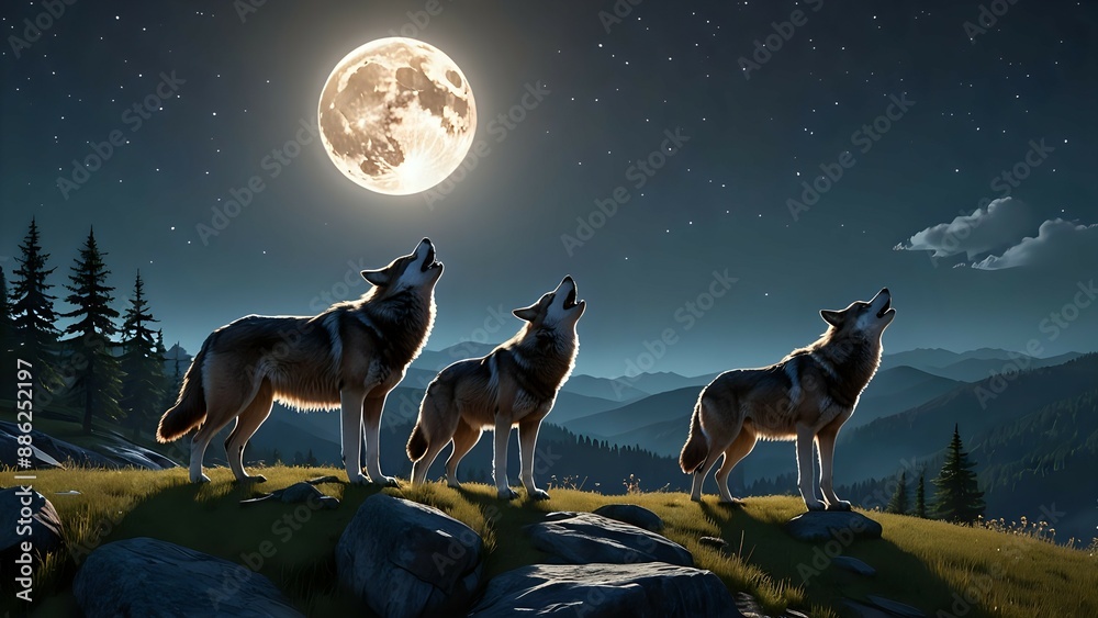 Three wolves howling at the moon in a dark forest. Three wolves howling at the moon in a dark forest.