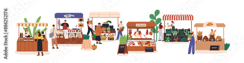 Farmers market place with local farm produce. Agriculture fair, marketplace. People buying domestic organic products at vendor stalls. Flat graphic vector illustration isolated on white background