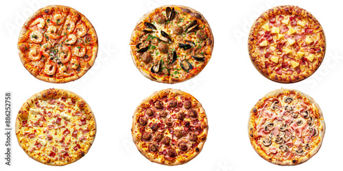 Top view collection of Pizza with different tasty isolated on background, Popular fast food, flat lay pizzas.