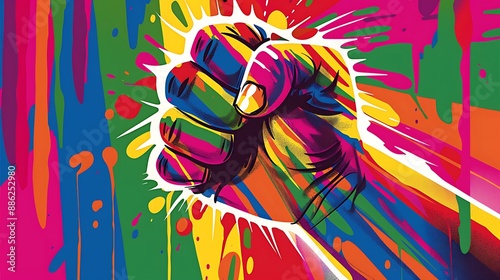 bold colorful protest poster featuring powerful rainbow fist symbolizing the fight for LGBTQ rights and equality The poster is designed with striking typography and vivid colors