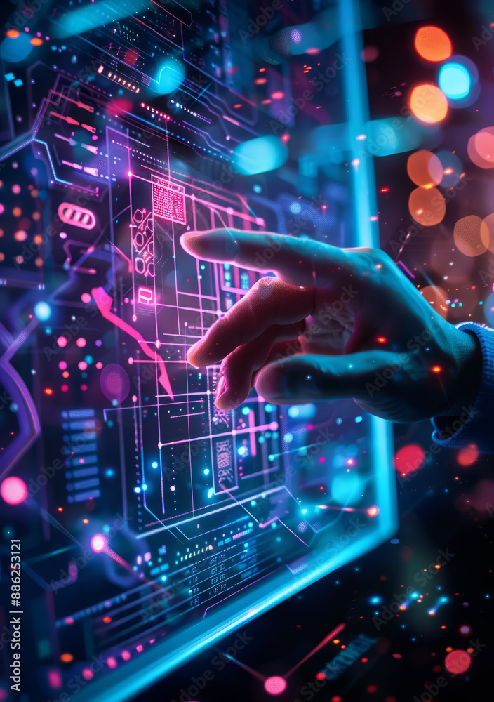 Fototapeta premium A business professional using a holographic interface to manage documents, showcasing efficiency and security features.