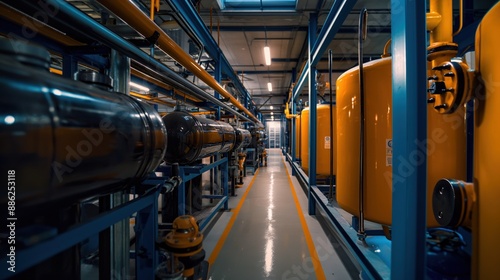 Interior of an industrial facility with large cylindrical tanks and pipes, possibly used for storage or processing of materials. © Natalia