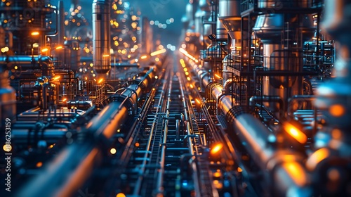 Industrial Cityscape at Night - Abstract View of Industrial Infrastructure with Bright Lights and Blurry Bokeh Background.