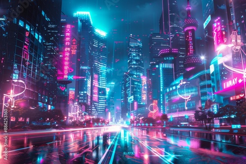 A vibrant cityscape at night, illuminated by neon lights, featuring towering skyscrapers and bustling streets, Create a dynamic and bustling cityscape filled with neon lights and towering skyscrapers