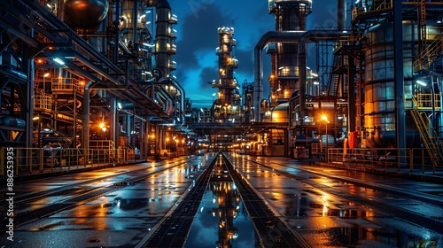 Industrial Complex at Night - Illuminated Pipes and Towers in a Wet Factory Setting.