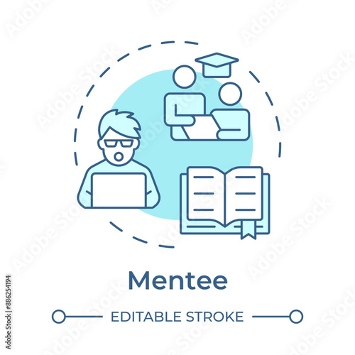Mentee soft blue concept icon. Person who gains knowledge and expertise. Student. Educational joy. Round shape line illustration. Abstract idea. Graphic design. Easy to use in article