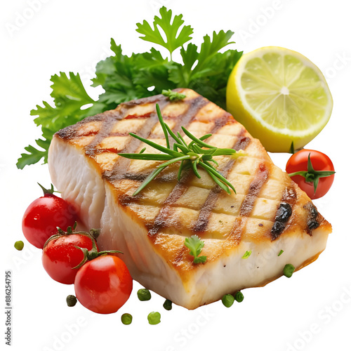 A piece of grilled fish, possibly salmon, with tomatoes and herbs, and it's being served with a drizzle of olive oil. photo