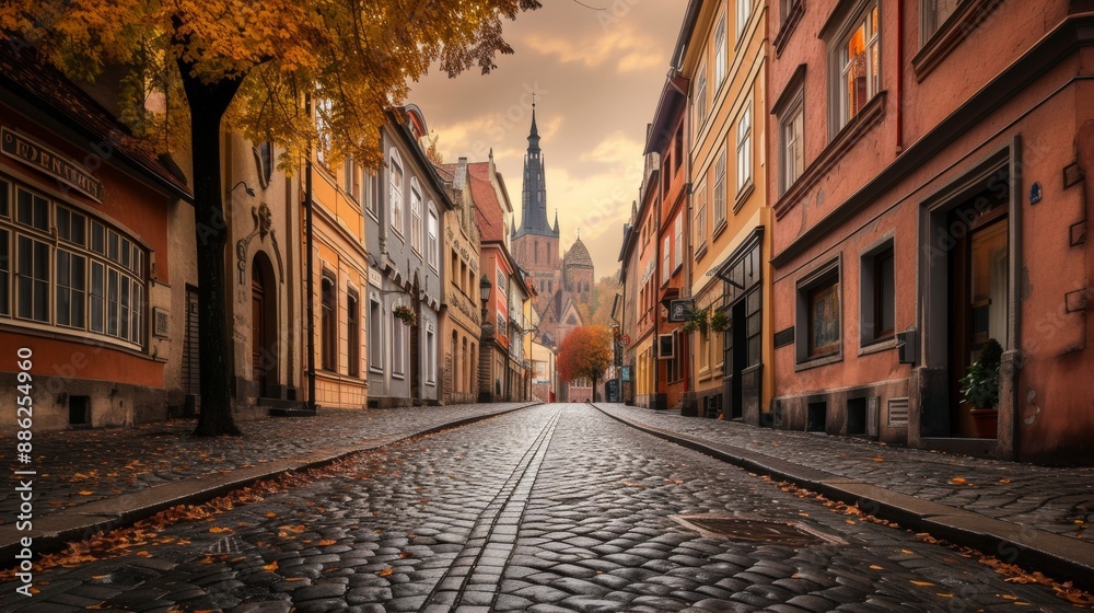 Fototapeta premium Quaint alley with autumn leaves framing a distant cathedral on a misty morning.
