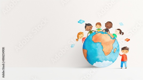Peace day, children holding hands around the globe, unity concept, watercolor style photo