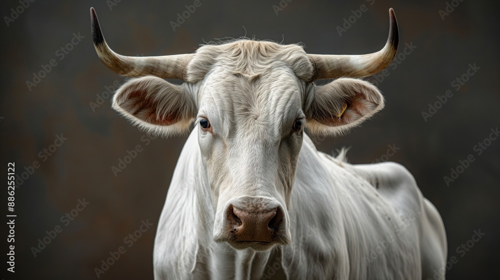 Naklejka premium Close-up portrait of a white cow with large, curved horns and a dark background, highlighting the detail and texture of its fur and horns