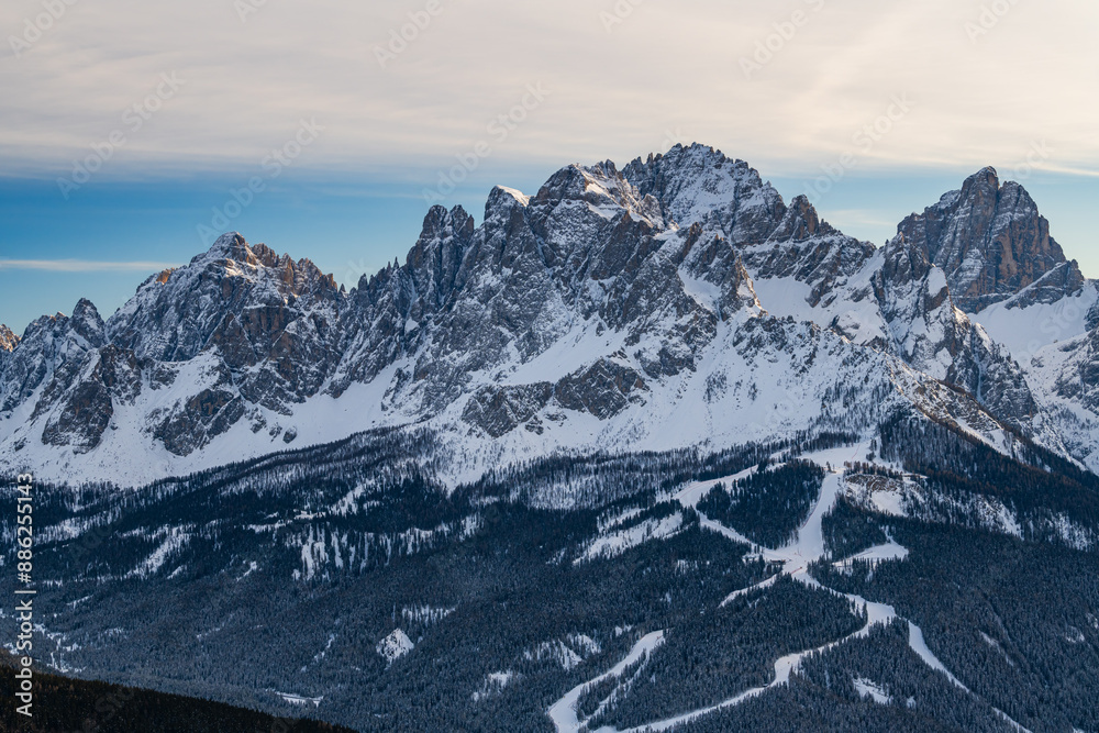 The Three Peaks (Drei Zinnen, Tre Cime) ski resort in the UNESCO World Heritage site Dolomites in Italy.