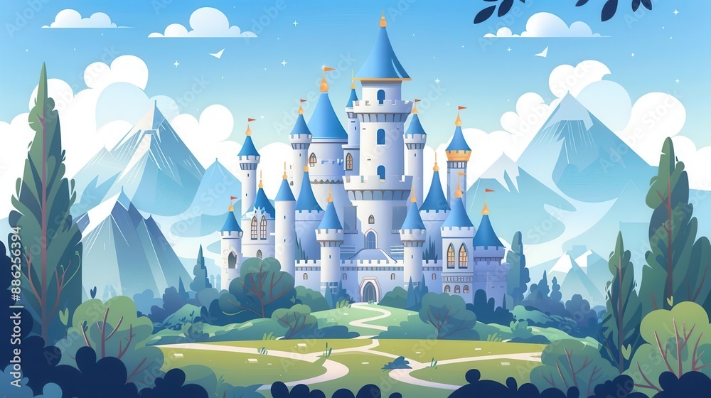 Classy fairytale castle filled with dreams, flat design, side view, mystical theme, animation, Complementary Color Scheme Classy fairytale castle filled with dreams, flat design, side view, mystical theme, animation, Complementary Color Scheme