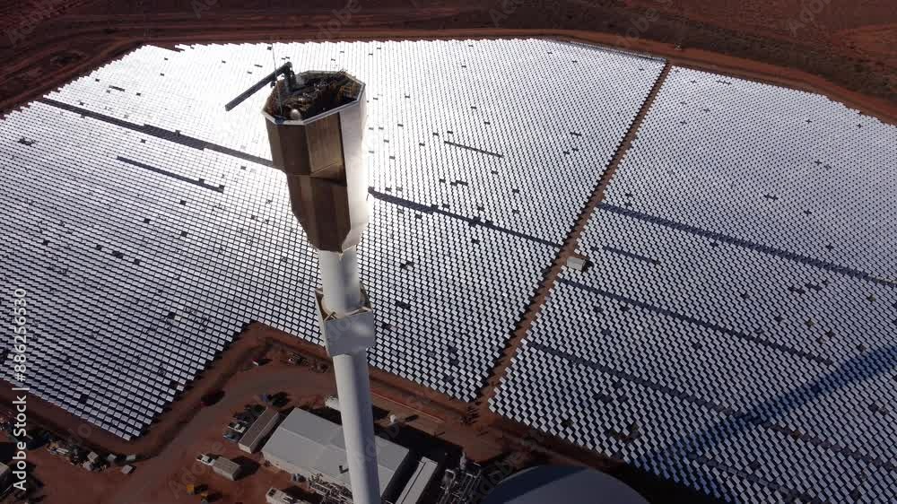 Drone shot of a solar thermal energy farm with thousands of mirrors reflecting sunlight onto a central tower where it's converted into heat and used to generate electricity