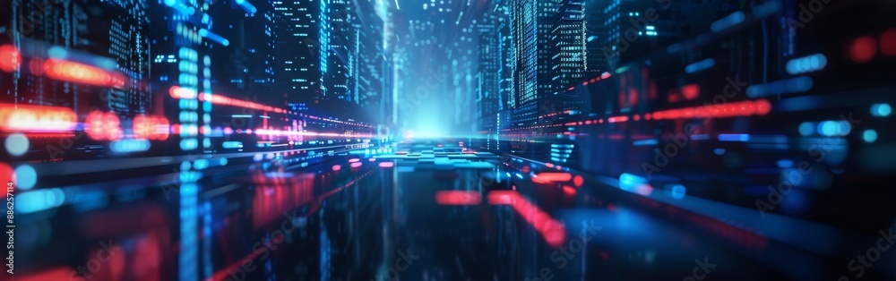 A futuristic city illuminated by digital lights and vibrant neon colors, depicting a high-tech urban environment with advanced technology.