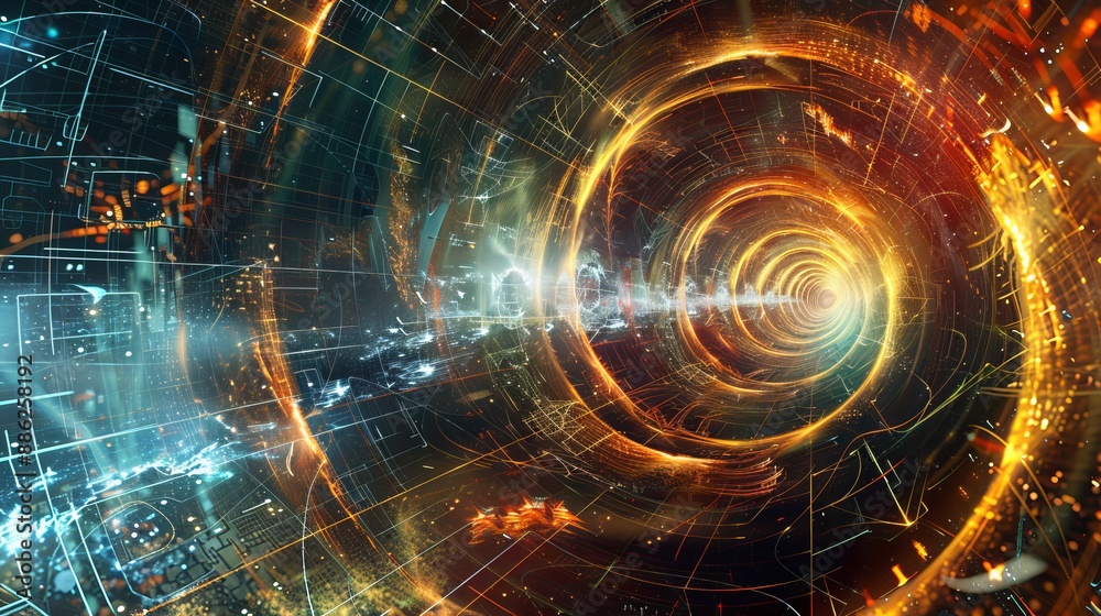 Obraz premium Futuristic Digital Tunnel with Abstract Lights and Technological Elements. Sci-Fi Concept Art
